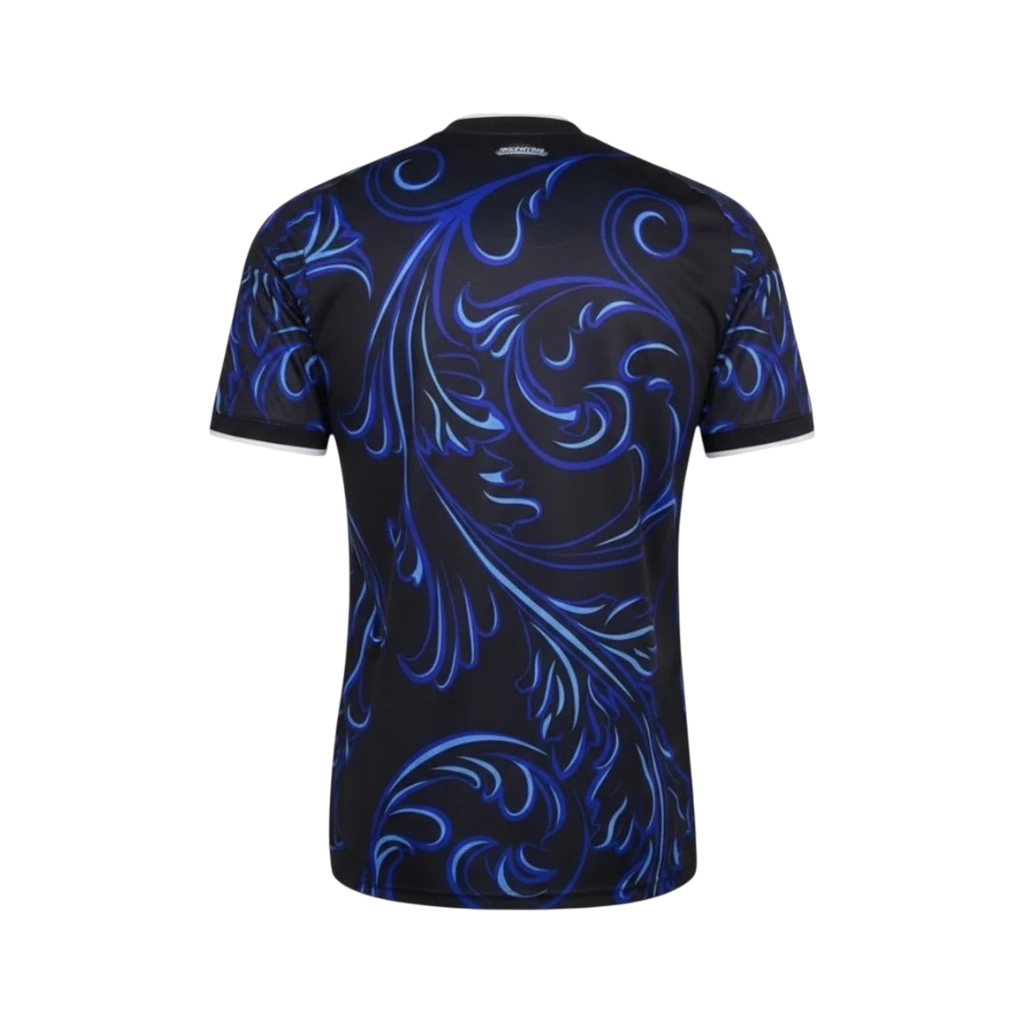 Camiseta de Argentina Segunda Equipación negra con estampado floral azul y blanco. Tejido ligero y transpirable.