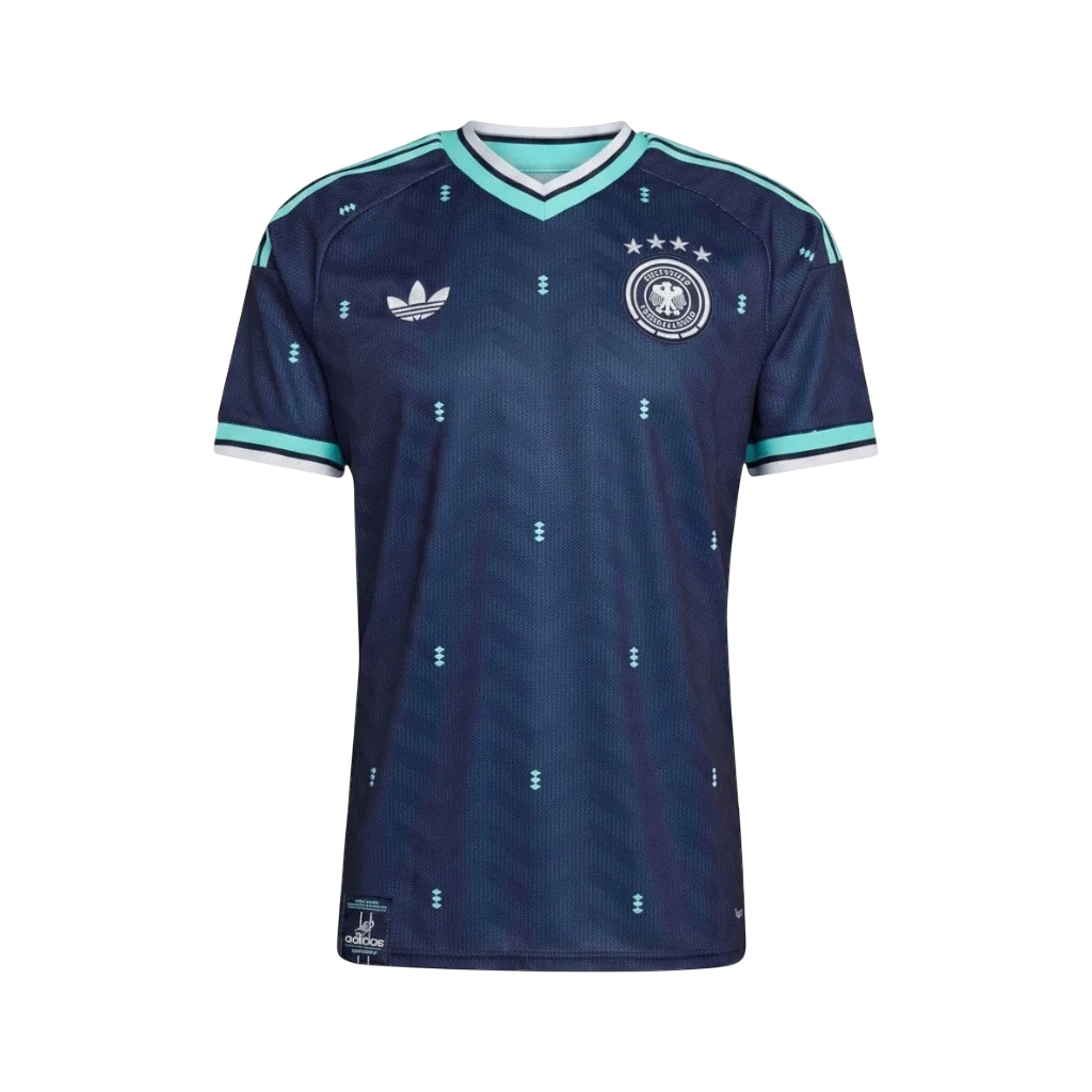 Camiseta de fútbol azul marino de Alemania 2ª equipación 2026 de CeFutShop con cuello en V y detalles turquesa.