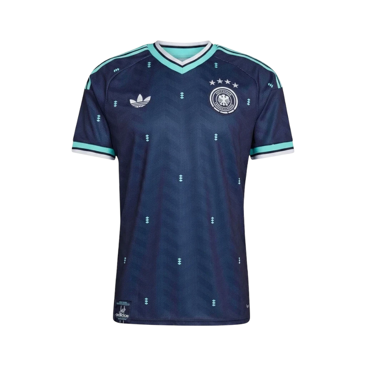 Camiseta de fútbol azul marino de Alemania 2ª equipación 2026 de CeFutShop con cuello en V y detalles turquesa.