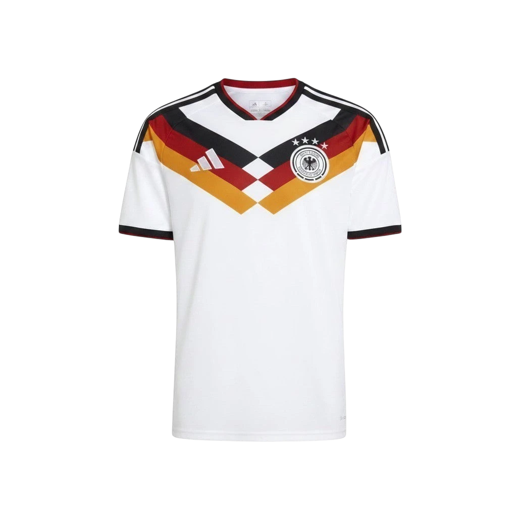 Camiseta de fútbol de Alemania 1ª Equipación blanca con detalles en negro, rojo y dorado. Logo de Adidas y escudo de la selección.