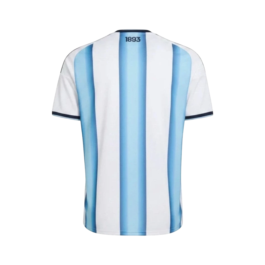 Camiseta de fútbol Argentina 1ª Equipación de CeFutShop con rayas celestes y blancas, cuello y mangas con ribete azul marino. Número 1893 en la nuca.