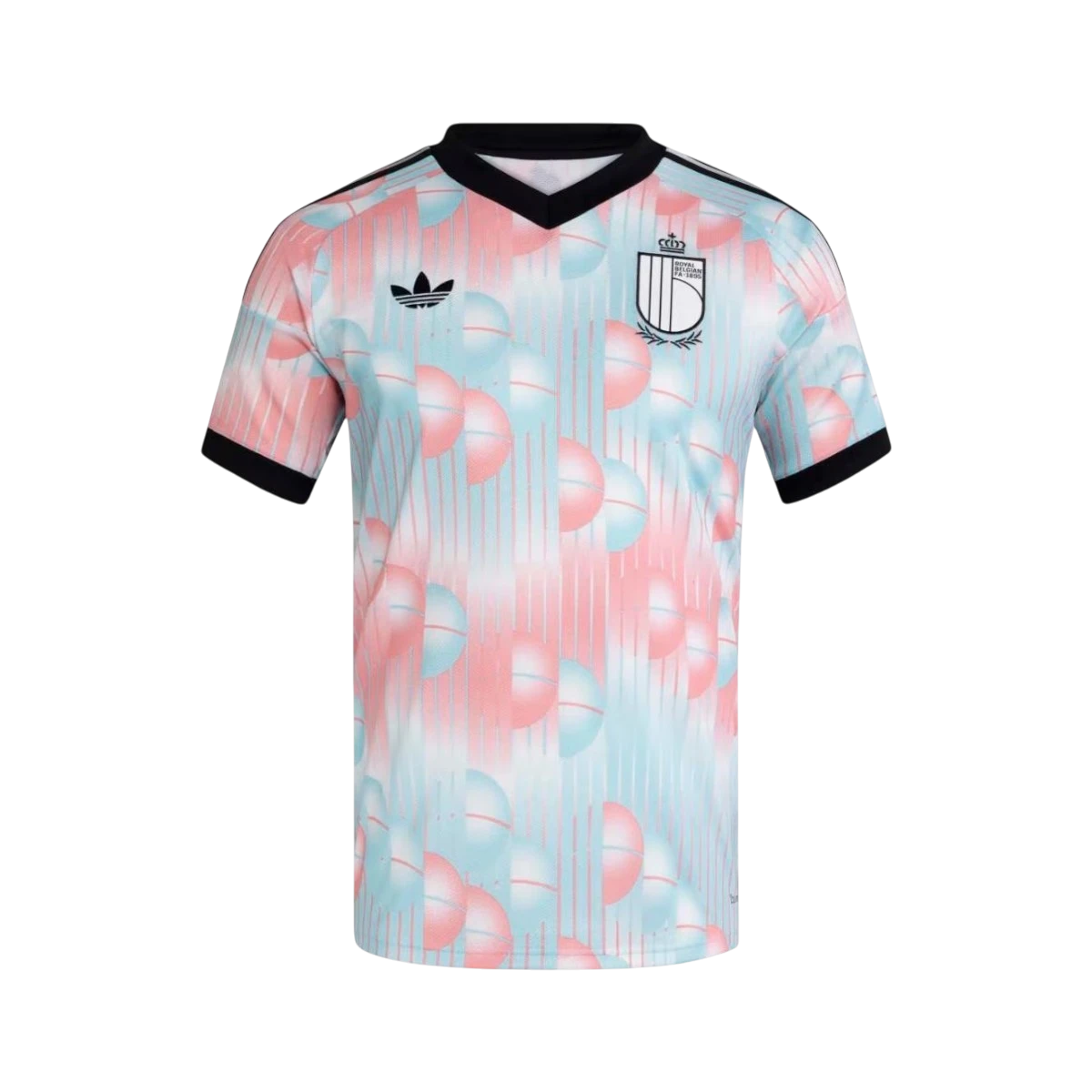 Camiseta de fútbol de Bélgica 2ª equipación 2026 de CeFutShop, con estampado abstracto en rosa y azul claro y detalles negros.