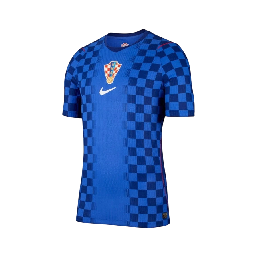 Camiseta de fútbol azul de Croacia 2ª equipación 2026 con estampado de cuadros y logo de Nike.