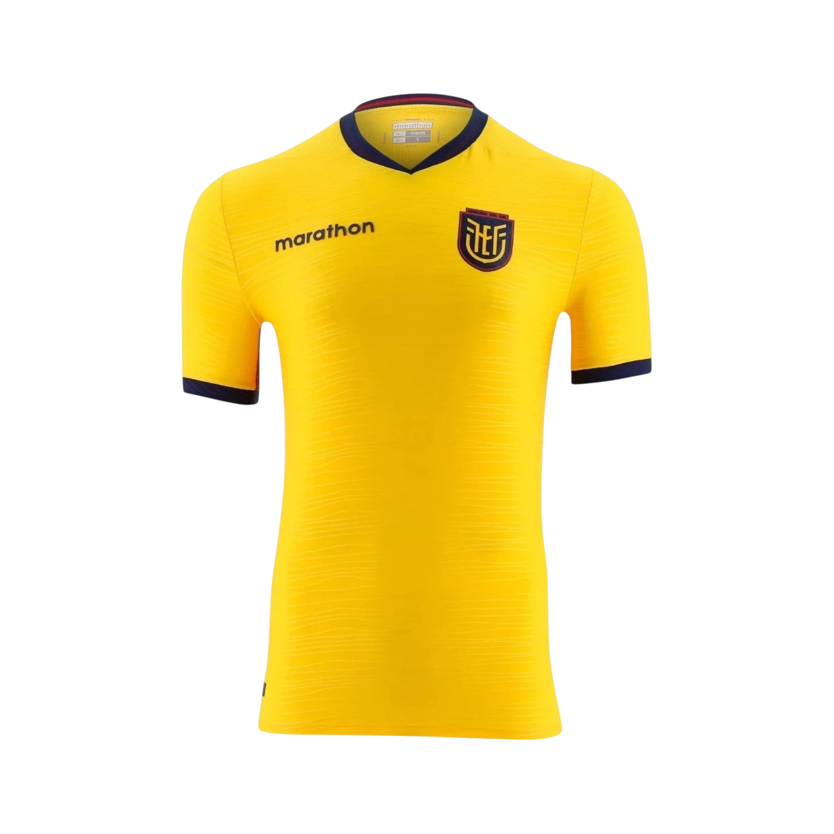 Camiseta de fútbol amarilla de Ecuador 1ª equipación 2026 de CeFutShop con logo de Marathon y escudo de la FEF.