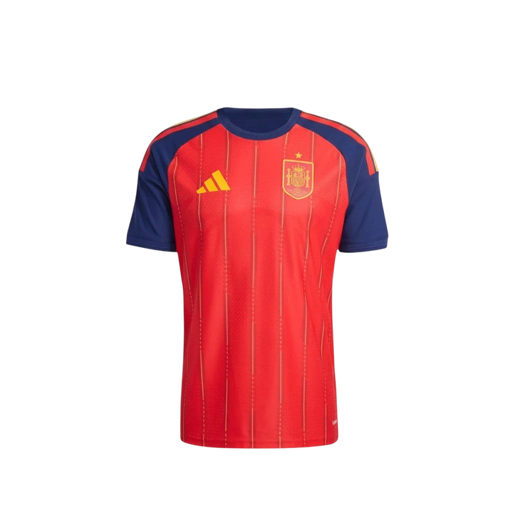 Camiseta de fútbol roja de España 1ª Equipación con detalles amarillos y mangas azul marino. Tejido transpirable. CeFutShop