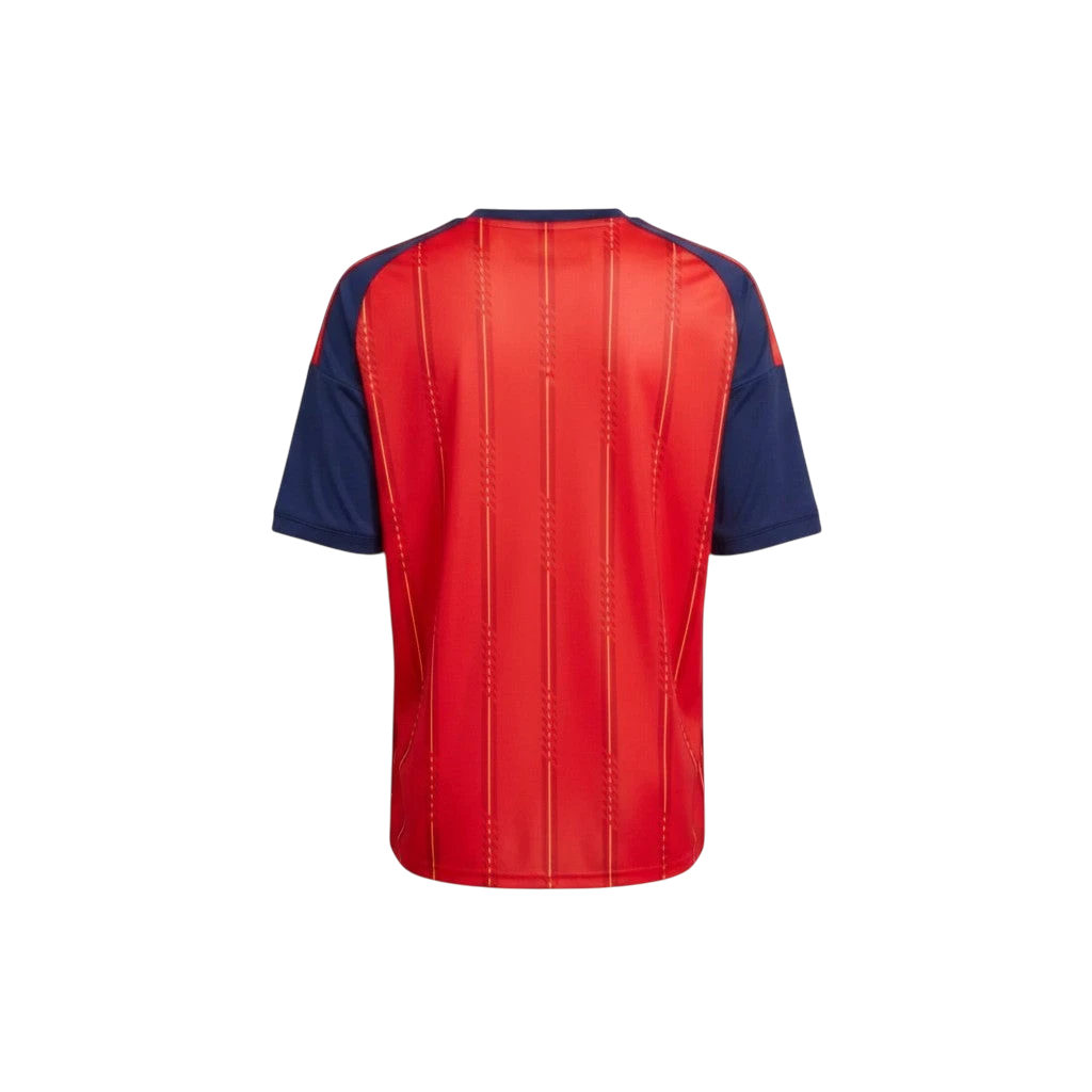 Camiseta de España 1ª Equipación de CeFutShop, roja con rayas verticales y detalles amarillos, mangas azul marino.