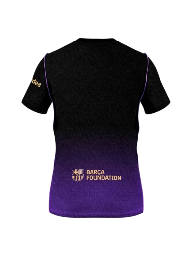 Vista trasera de la camiseta CeFutShop FC Barcelona 2025/26 segunda equipación en degradado negro y morado con logos