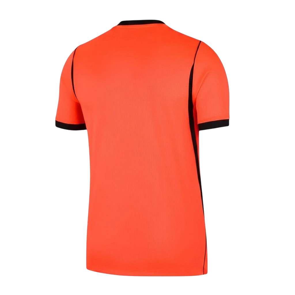 Camiseta de fútbol naranja de manga corta para hombre de la 1ª equipación de Países Bajos 2026 de CeFutShop con ribetes negros en cuello y mangas.