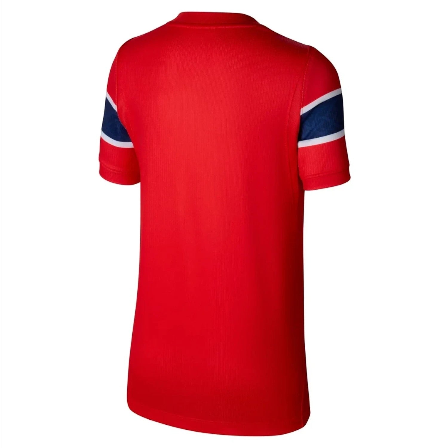 Camiseta de fútbol roja de Noruega 2026 con detalles azules y blancos en las mangas. Diseño clásico y moderno.