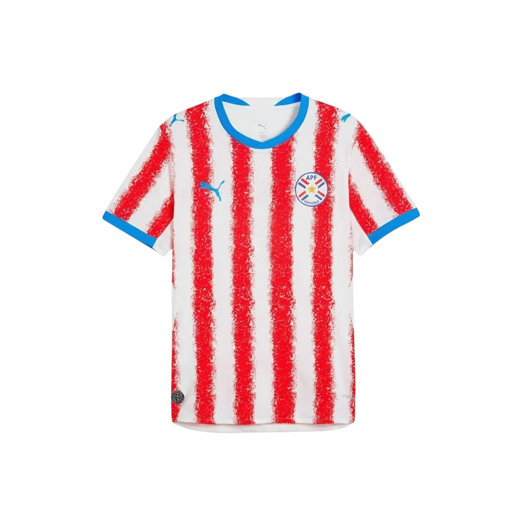 Camiseta de fútbol blanca y roja de Paraguay de CeFutShop, primera equipación, sin nombre, con cuello y mangas azules.