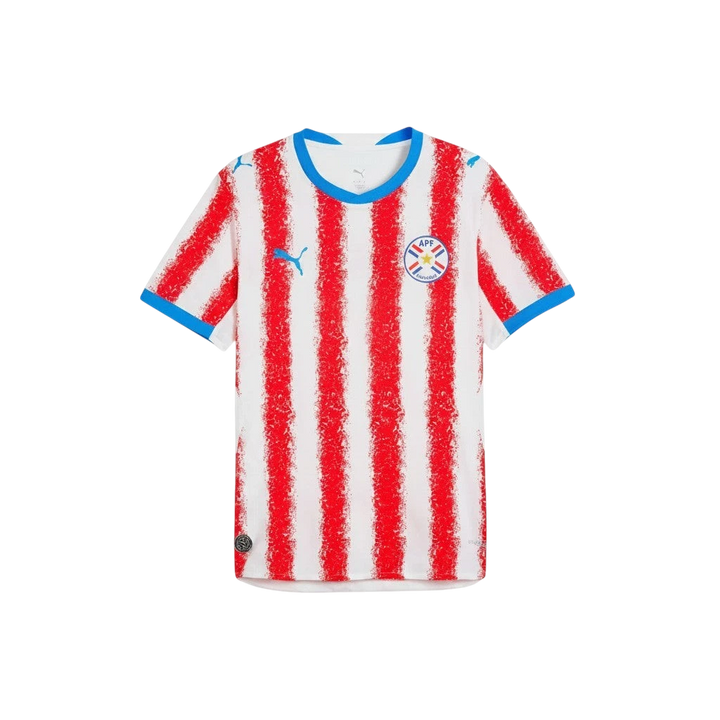 Camiseta de fútbol blanca y roja de Paraguay de CeFutShop, primera equipación, sin nombre, con cuello y mangas azules.