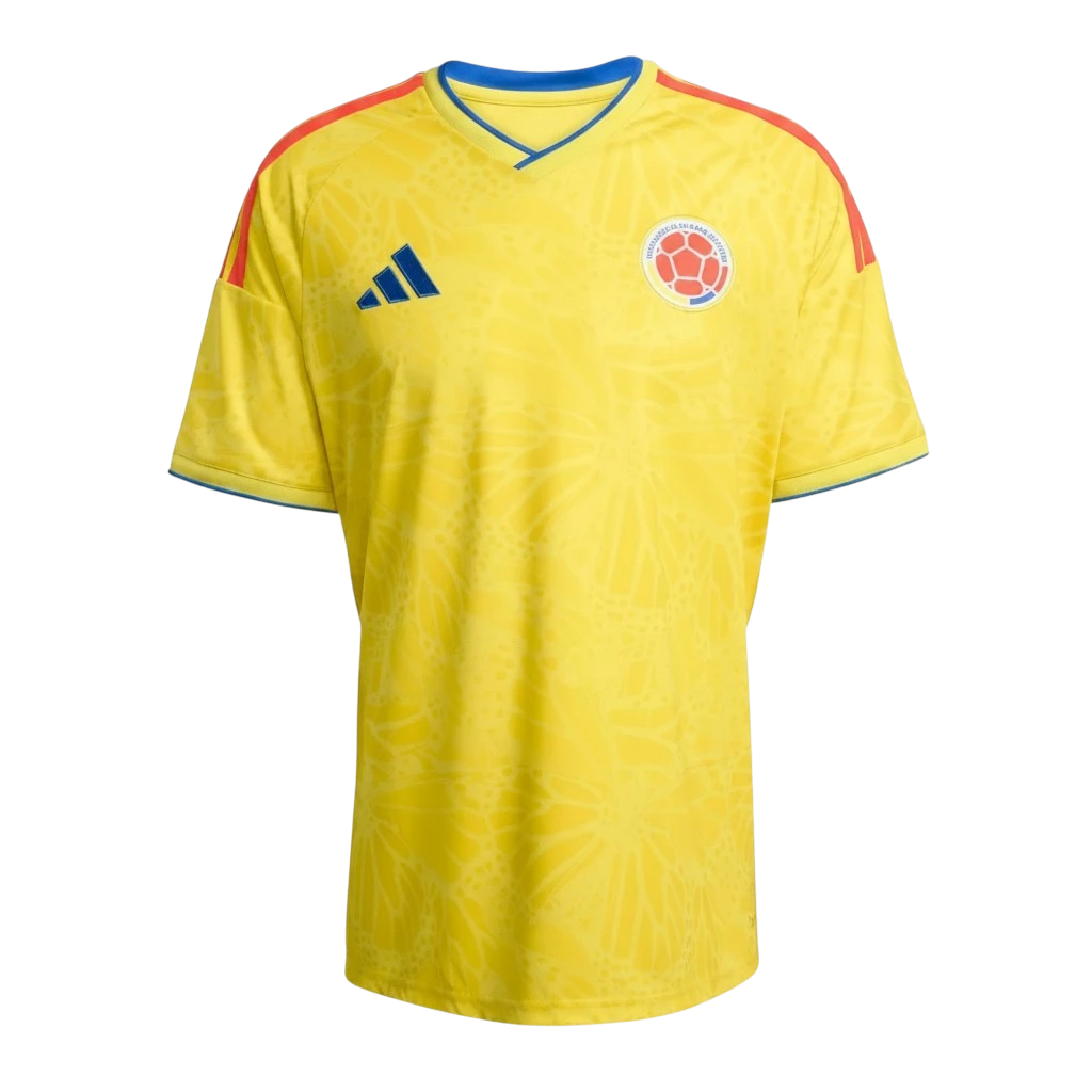 Camiseta de fútbol amarilla de Colombia 1ª Equipación de CeFutShop con cuello azul y detalles rojos en los hombros.